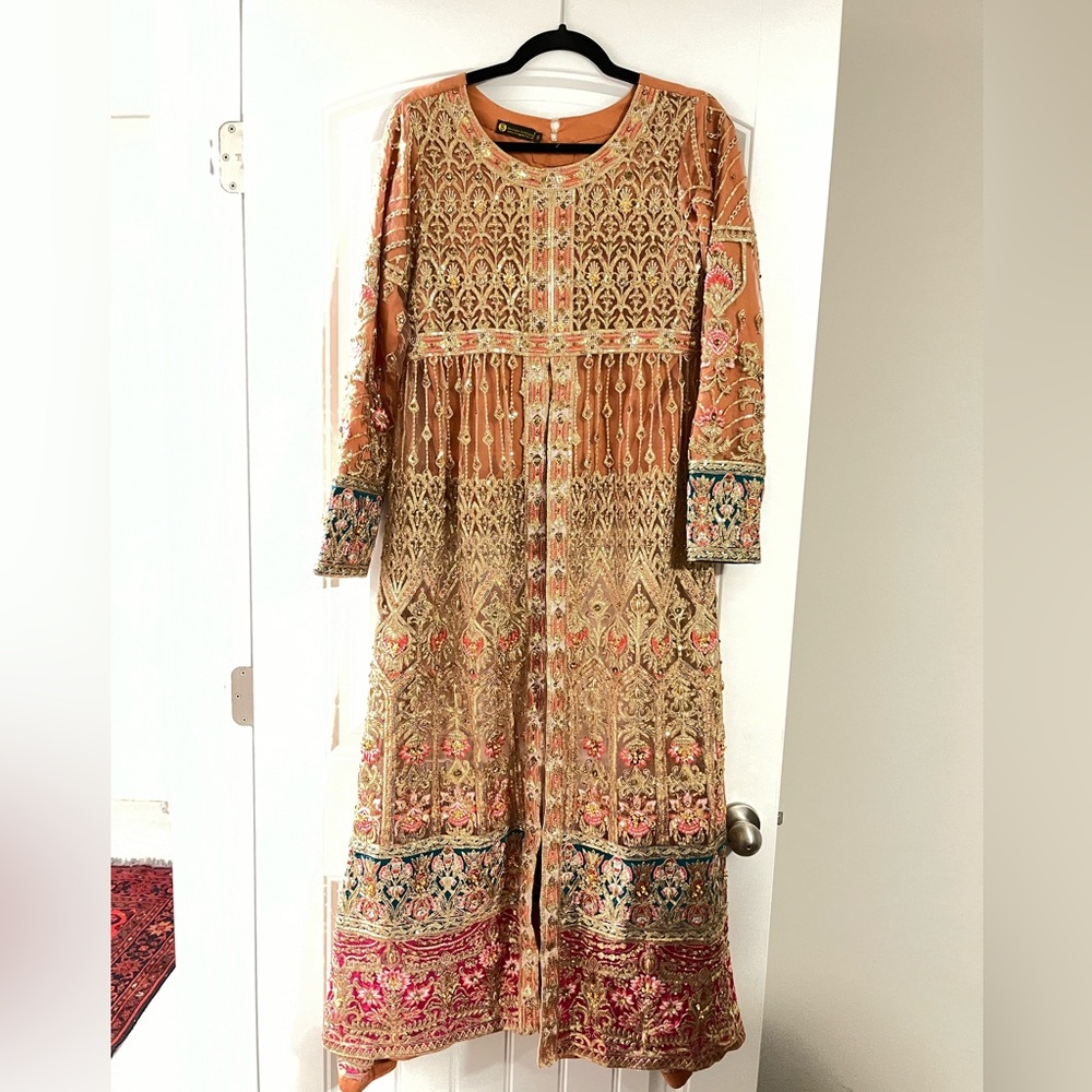 Exquisite Gold Embroidered Formal Outfit with Teal Dupatta and Peach Skirt